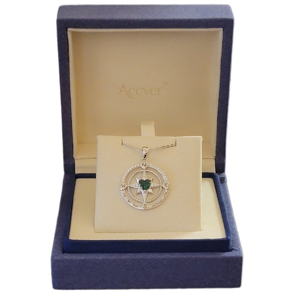 Sterling Silver Compass Necklace with Emerald Green CZ NWT